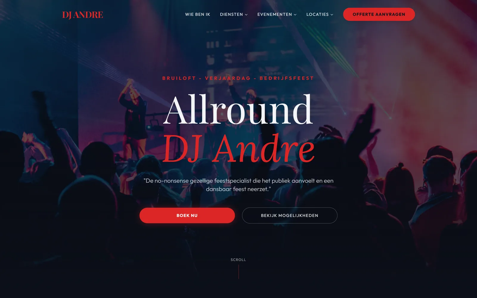 Nieuwe homepage van Allround DJ Andre: donkere hero met een feestfoto, de kop 'Allround DJ André'