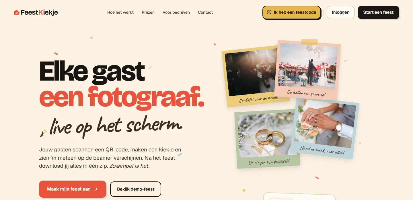 Homepage van FeestKiekje, met de kop 'Elke gast een fotograaf, live op het scherm'