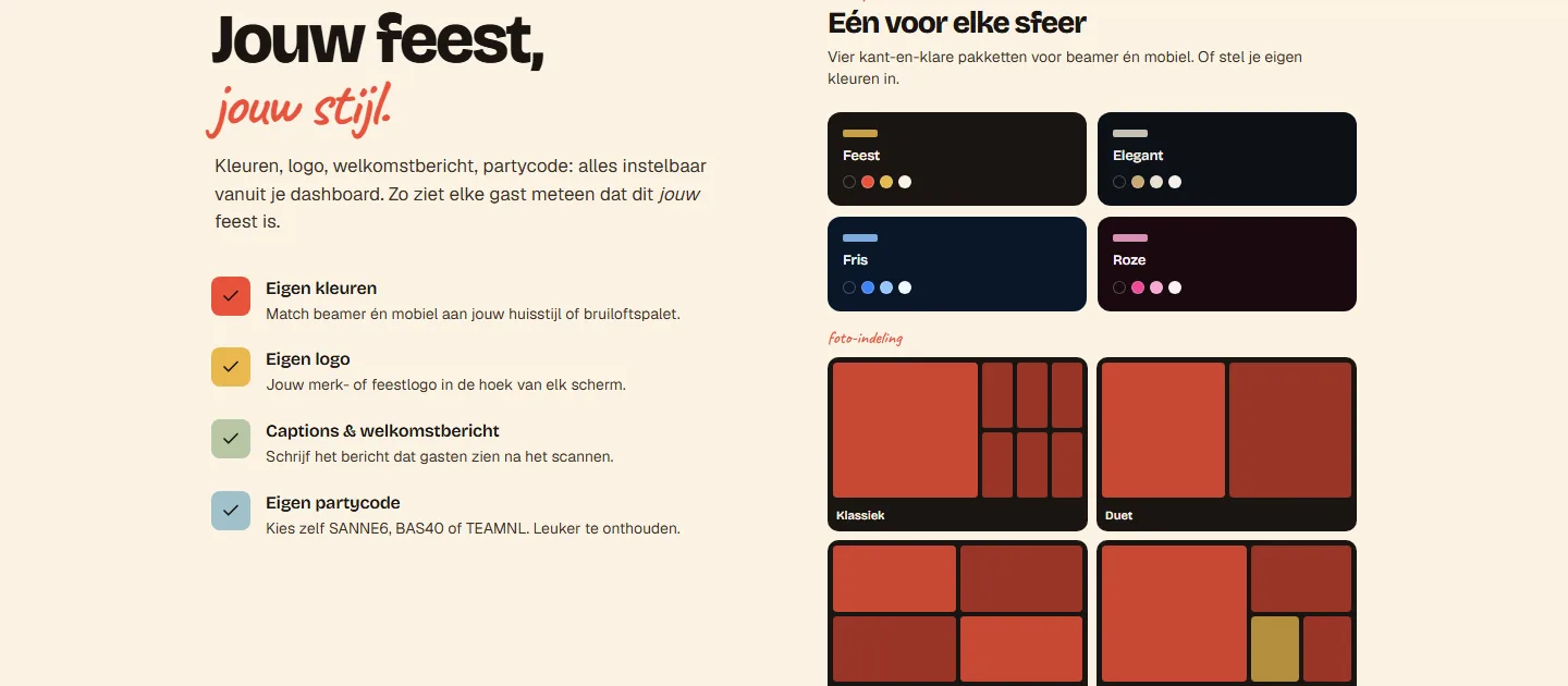 Personalisatiescherm met vier kant-en-klare kleurthema's voor de beamer (Feest, Elegant, Fris, Roze) en vier foto-indelingen (Klassiek, Duet, Grid 4, Mozaïek)