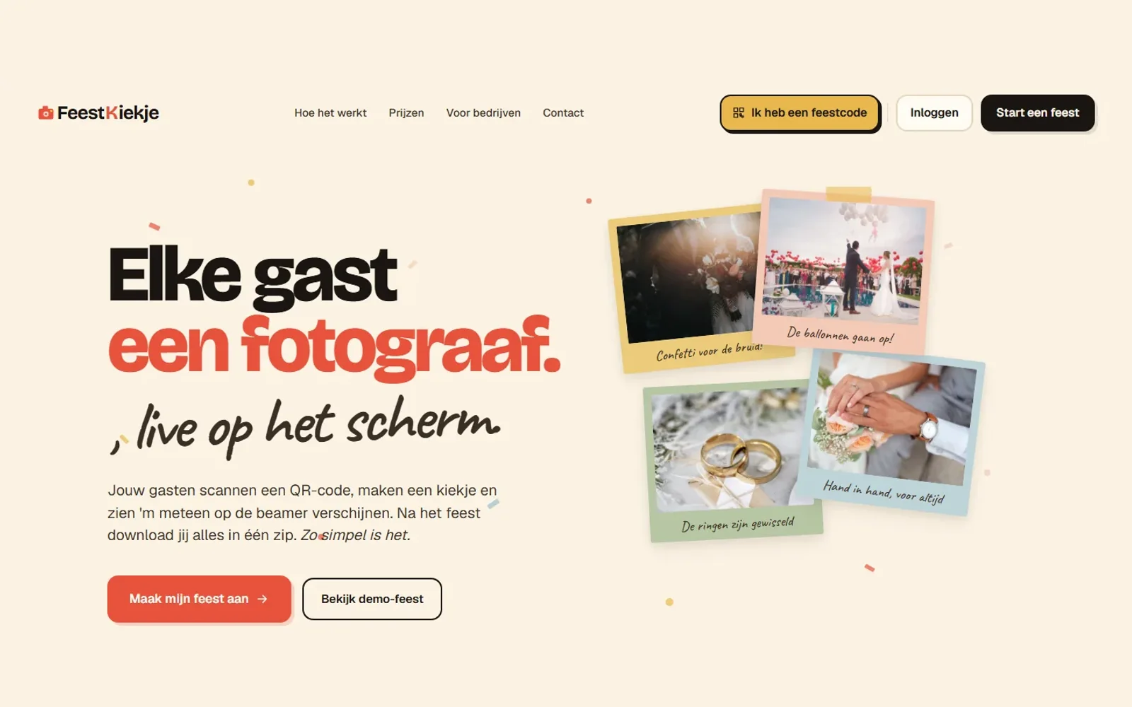 Homepage van FeestKiekje, met de kop 'Elke gast een fotograaf, live op het scherm'