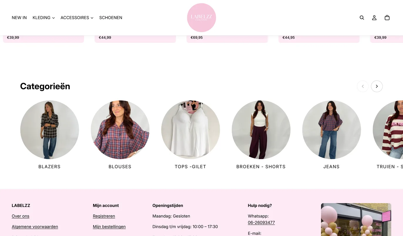 Sectie Categorieen op de homepage van de Labelzz-webshop, met een rond beeld per categorie