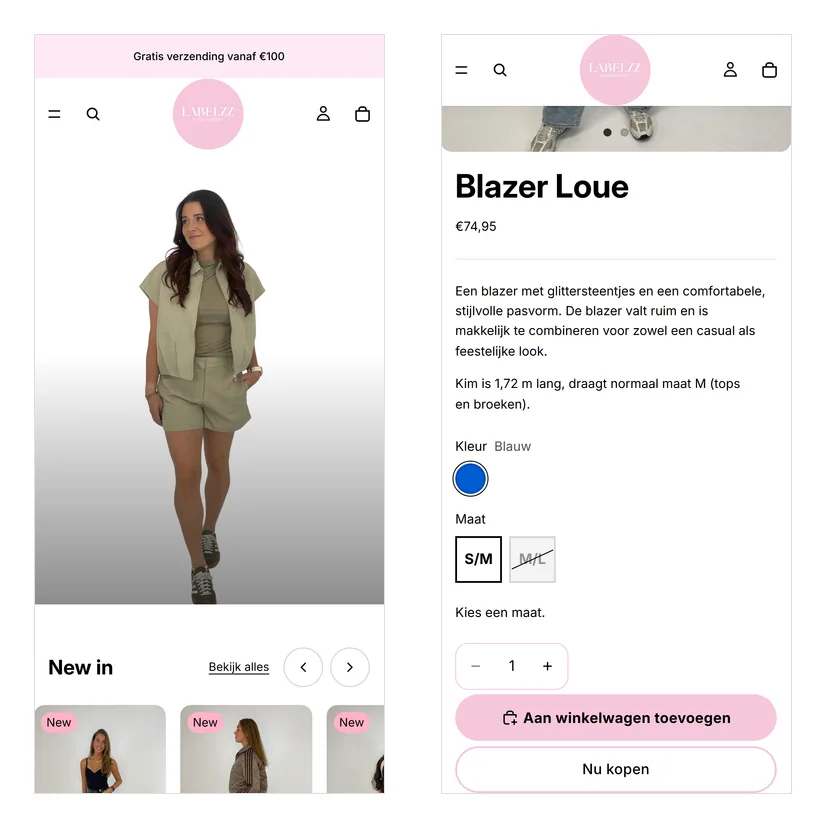 De Labelzz-webshop op een telefoonscherm, links de homepage en rechts een productpagina met kleur, maat en aantal
