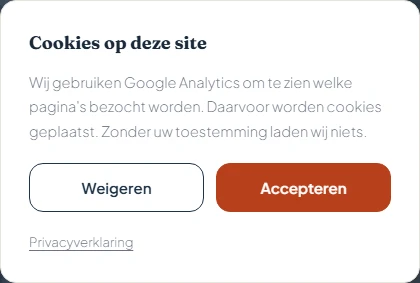 Cookiemelding met de tekst 'Wij gebruiken Google Analytics om te zien welke pagina's bezocht worden'