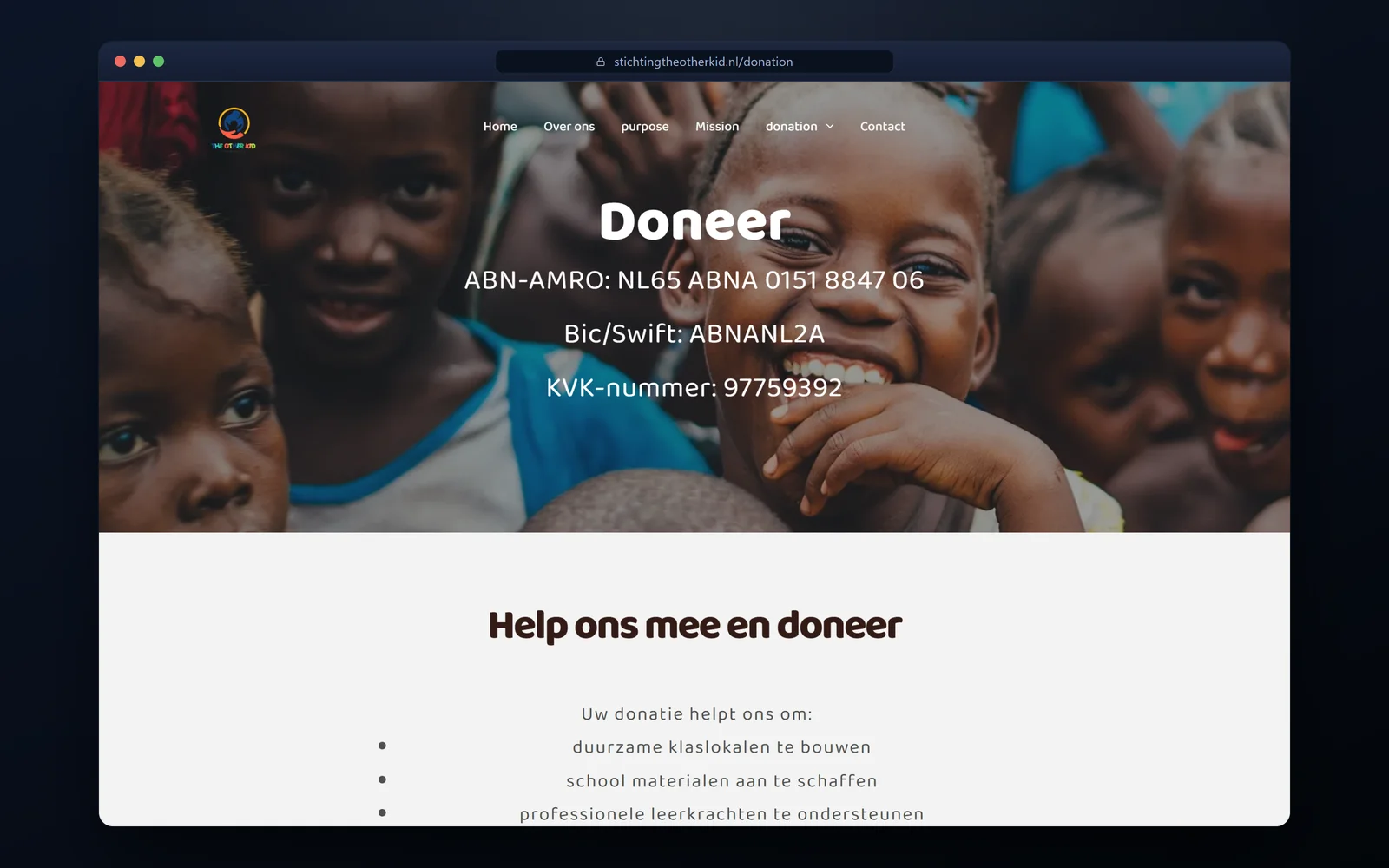 Oude donatiepagina met alleen een rekeningnummer