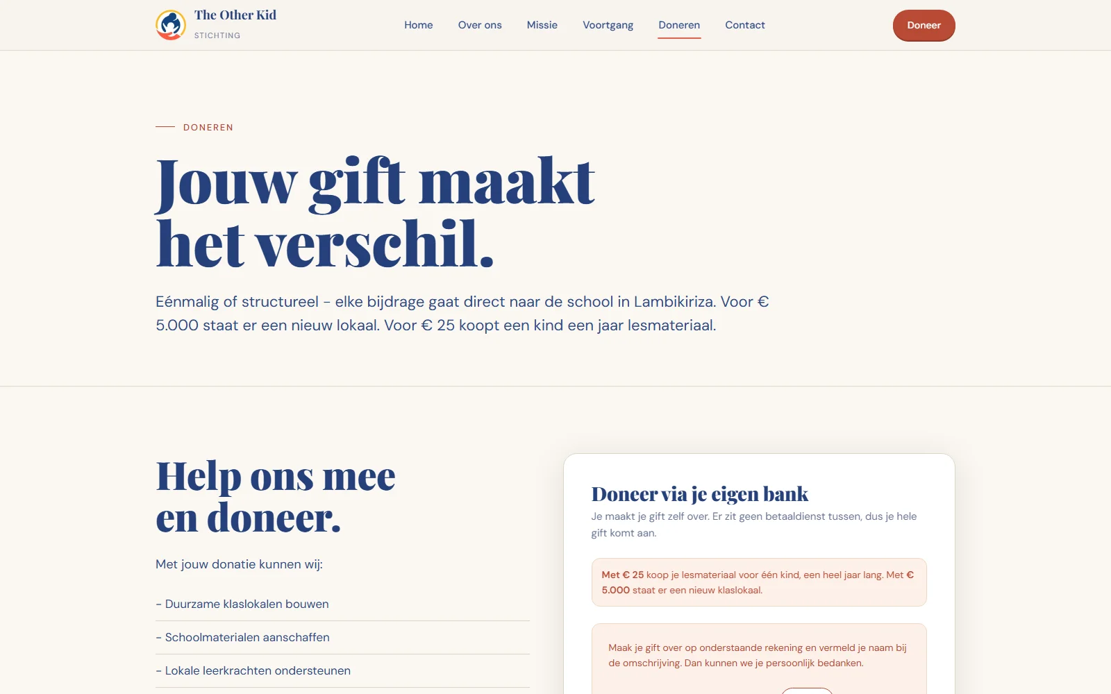 Doneerpagina van Stichting The Other Kid: 'Jouw gift maakt het verschil', met impactbedragen per gift