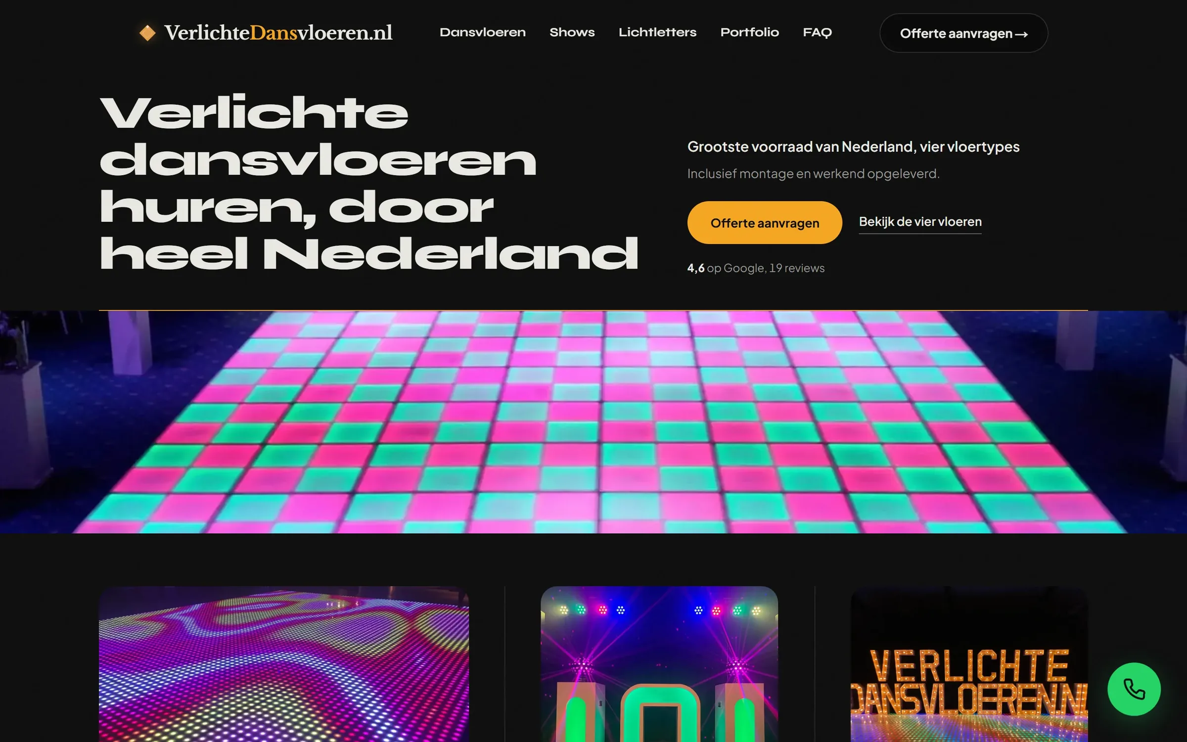 Nieuwe homepage van Verlichtedansvloeren.nl: donkere hero met de kop 'Verlichte dansvloeren huren, door heel Nederland'