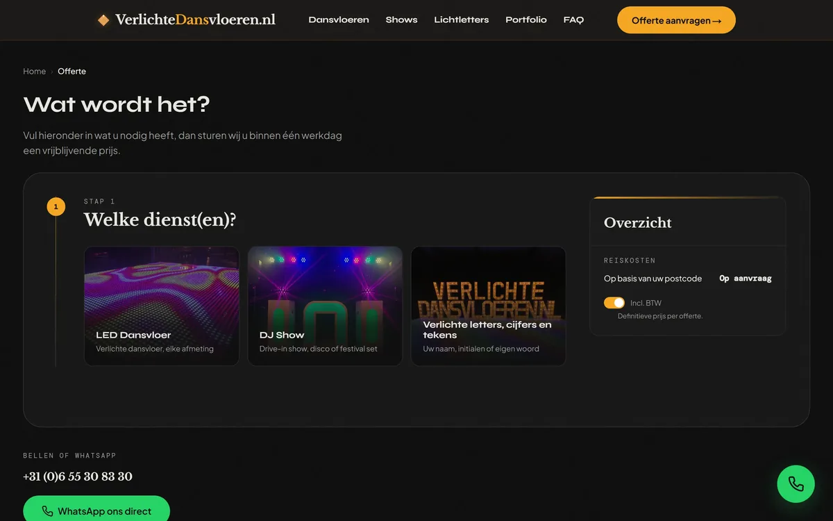 Eerste stap van het offerteformulier: keuze tussen LED Dansvloer, DJ Show en Lichtletters