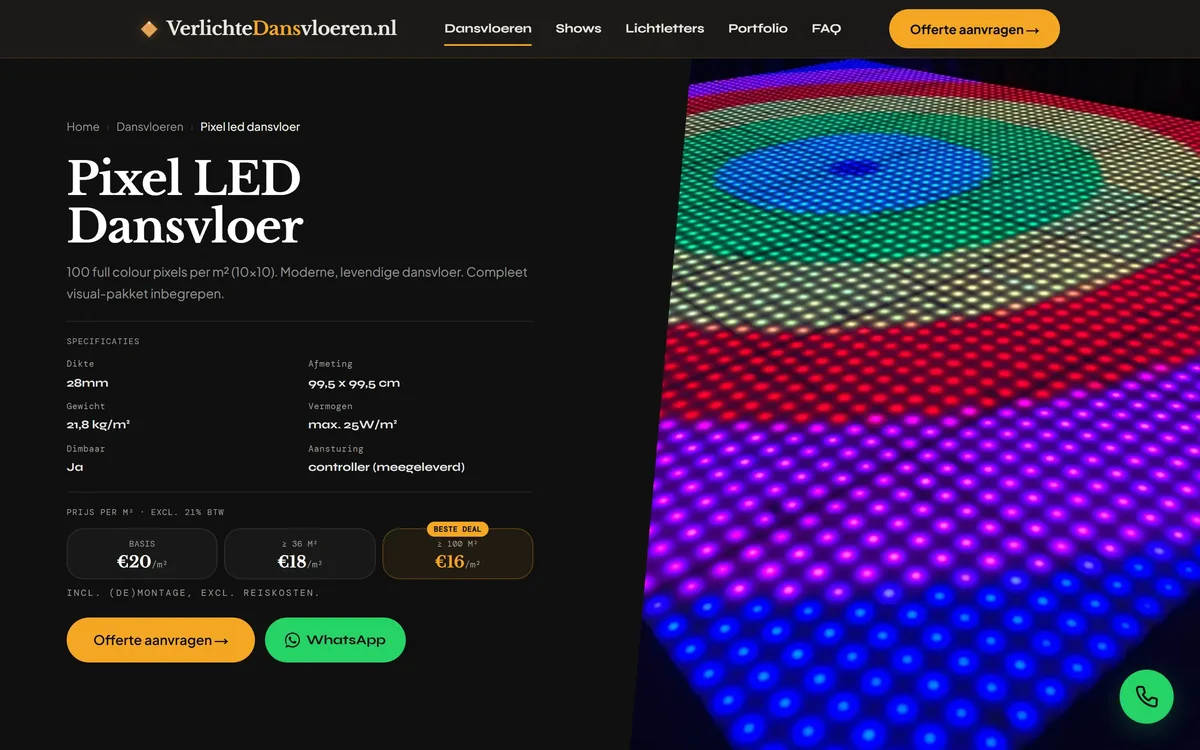 Productpagina van de Pixel LED Dansvloer: specificaties als dikte, gewicht en vermogen naast drie prijstreden