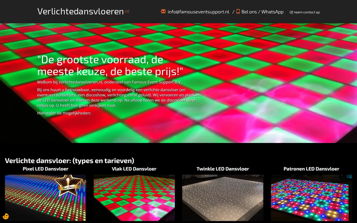 Oude homepage van Verlichtedansvloeren.nl: hero met de tekst 'De grootste voorraad, de meeste keuze, de beste prijs!'