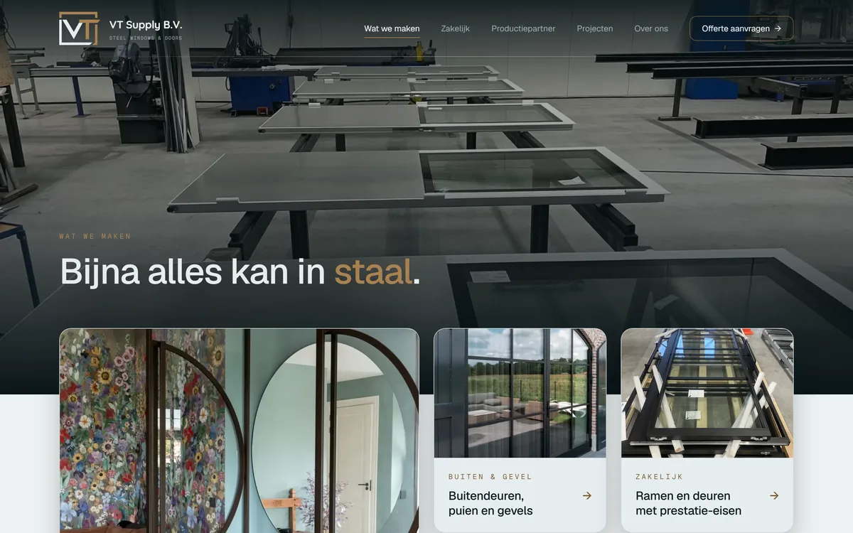 'Wat we maken'-pagina voor particulieren: 'Bijna alles kan in staal', met drie productkaarten