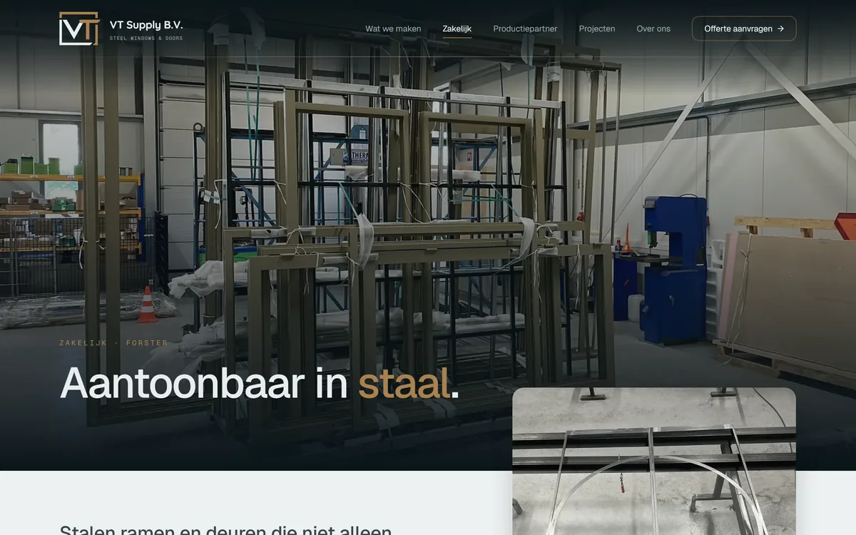 Zakelijke pagina met de eyebrow ZAKELIJK · FORSTER en de kop 'Aantoonbaar in staal'