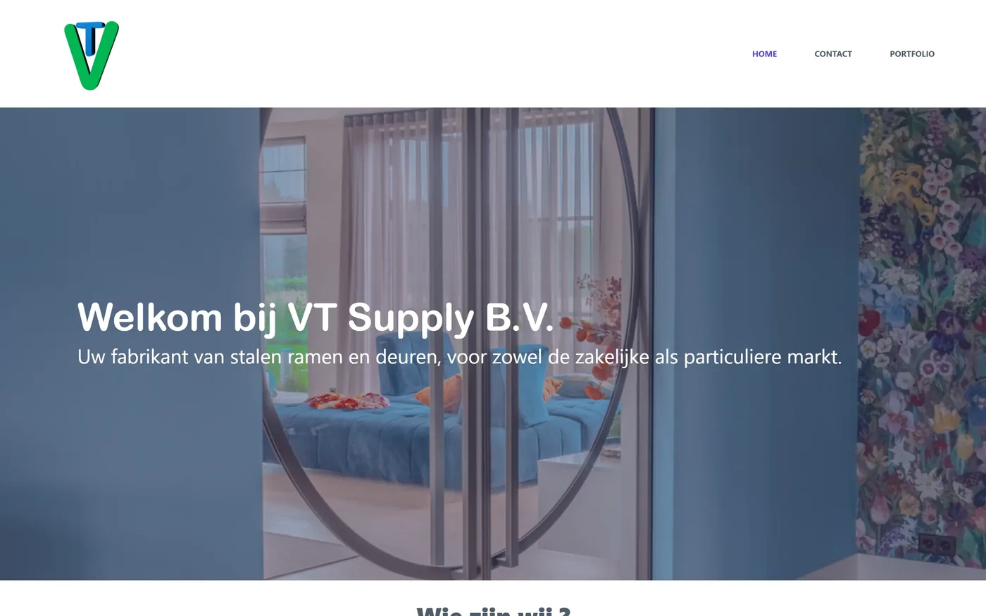 Oude WordPress-homepage van VT Supply: hero met 'Welkom bij VT Supply B.V.', navigatie HOME / CONTACT / PORTFOLIO